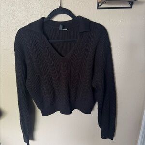 Black crop Cable-Knit collar V-Neck Sweater